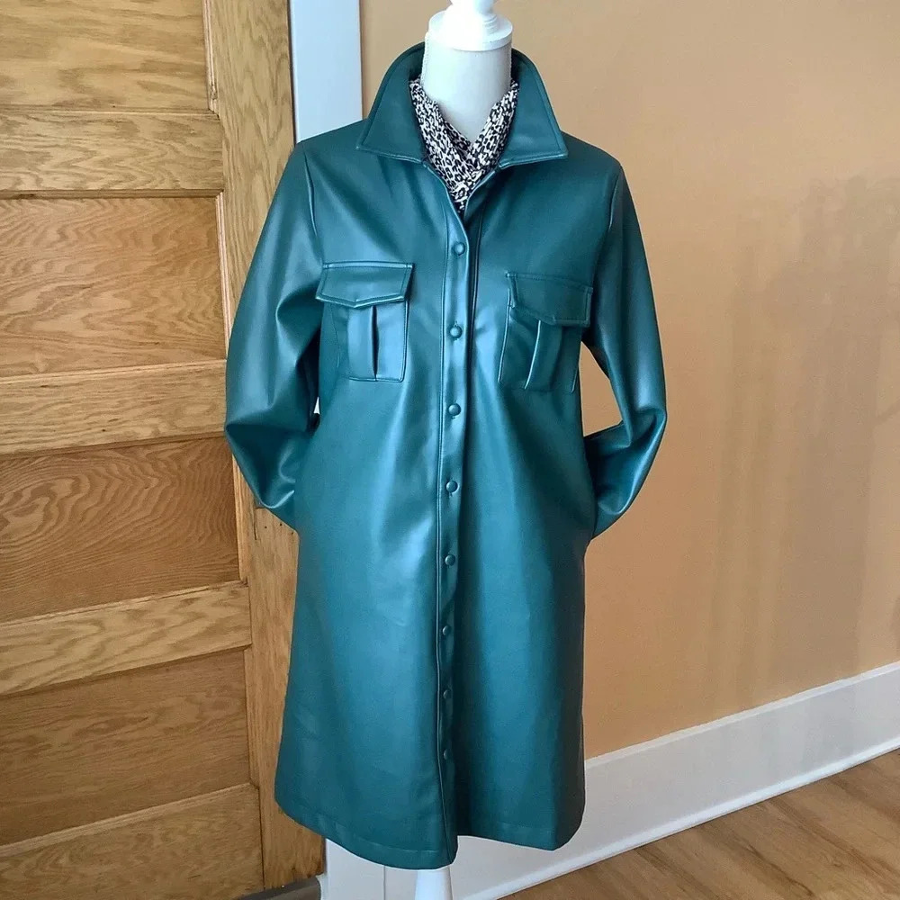 HILARY MACMILLAN Forest Green Vegan Faux Leather Shirt Dress Midi M - Picture 12 of 13